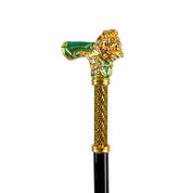 Bastón con mango de león majestuoso en oro – Acabado en esmalte verde