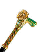 Bastón con mango de león majestuoso en oro – Acabado en esmalte verde