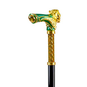 Bastón con mango de león majestuoso en oro – Acabado en esmalte verde
