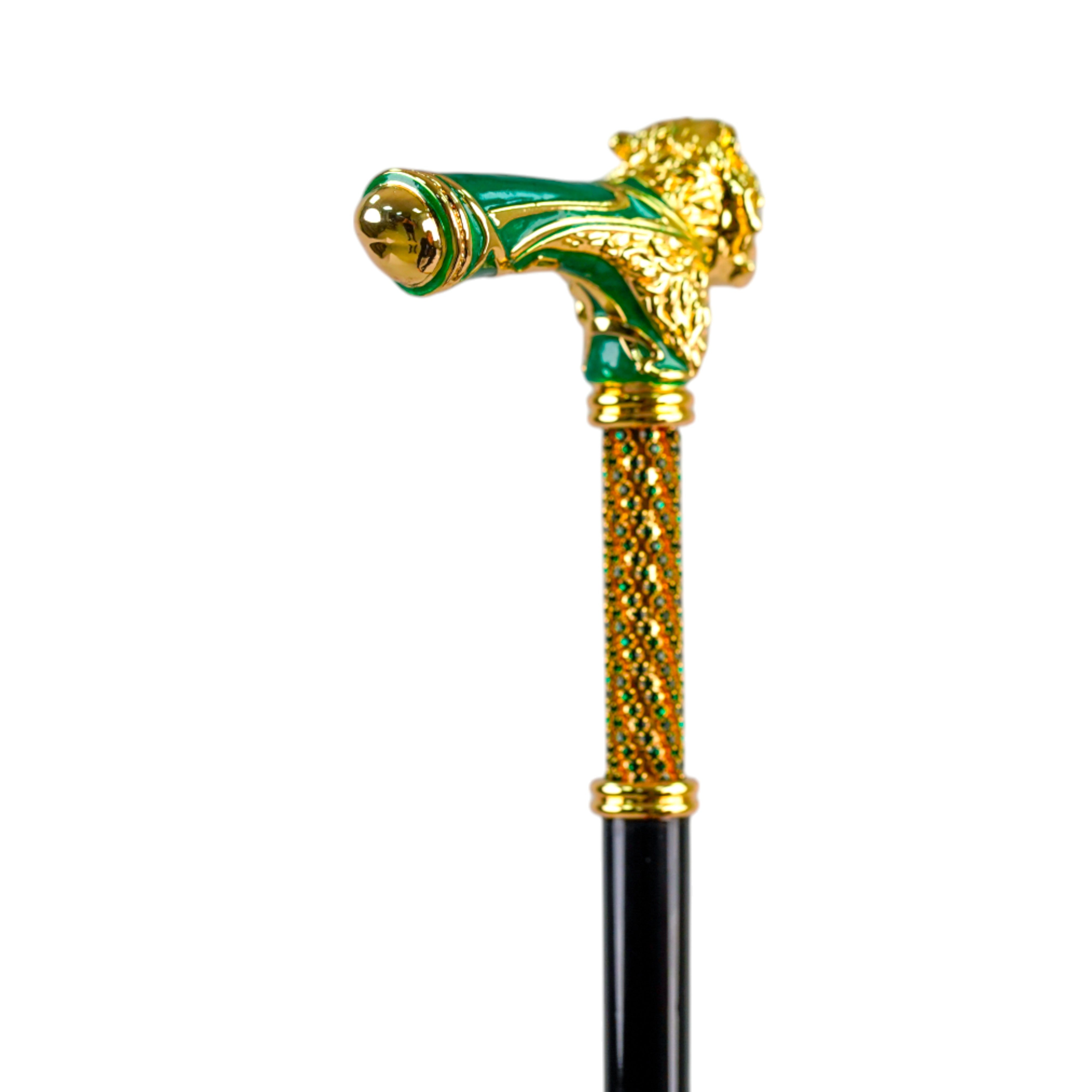 Bastón con mango de león majestuoso en oro – Acabado en esmalte verde