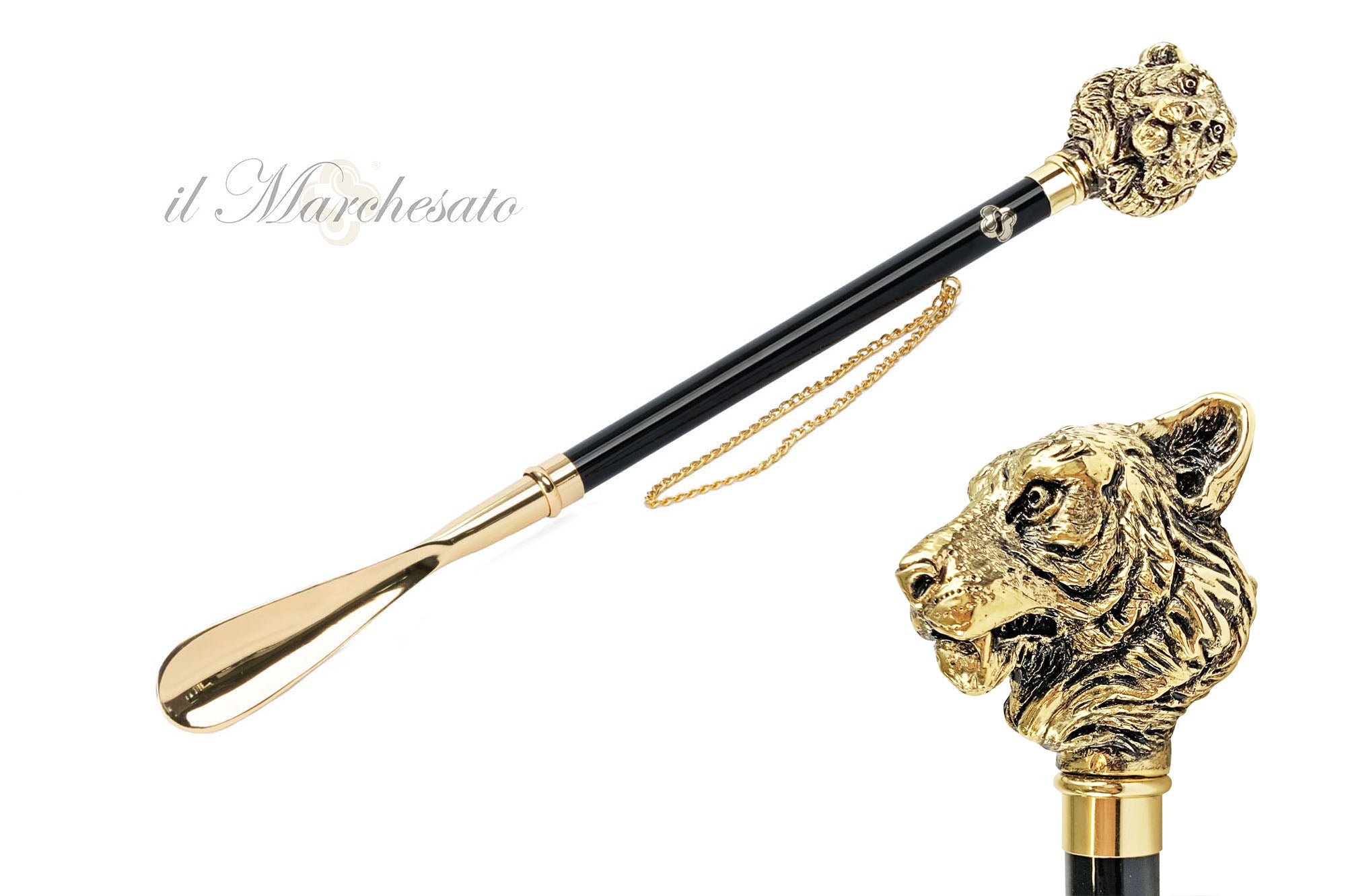Majestad Tigre: Calzador artesanal con mango de tigre chapado en oro de 24 quilates