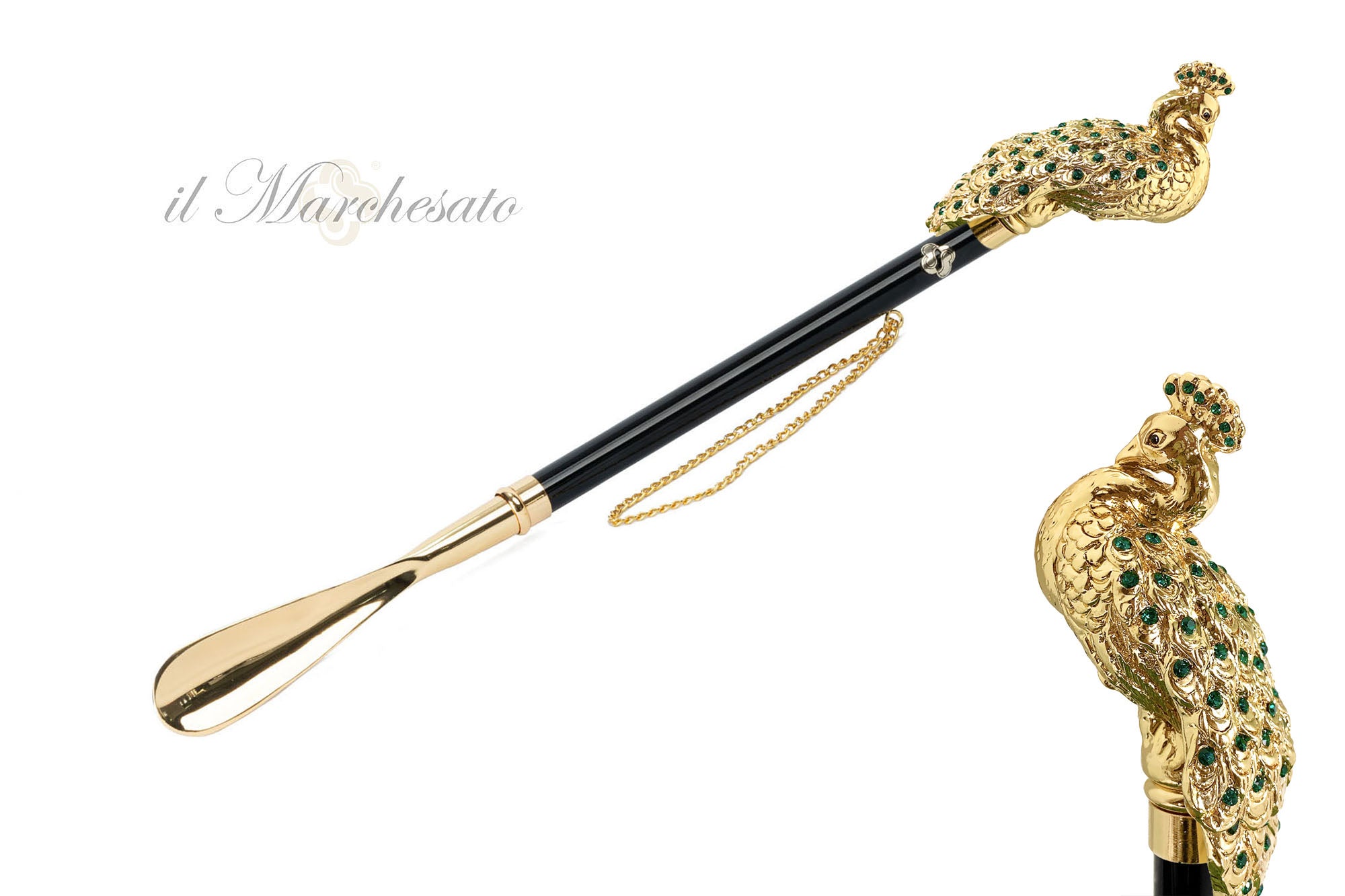 Calzador elegante con mango de pavo real - Cristales esmeralda