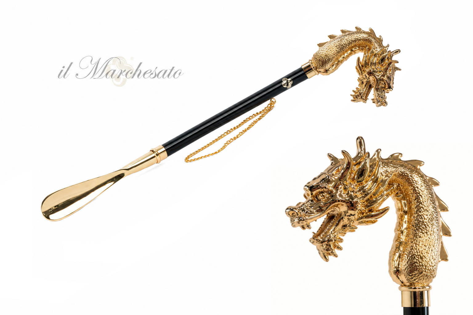 Gracia del Dragón: Calzador artesanal con mango de dragón - Bañado en oro de 24K