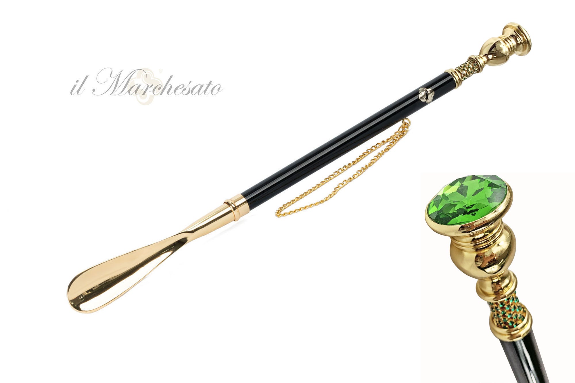 Calzador italiano glamuroso: hecho a mano con un gran cristal verde
