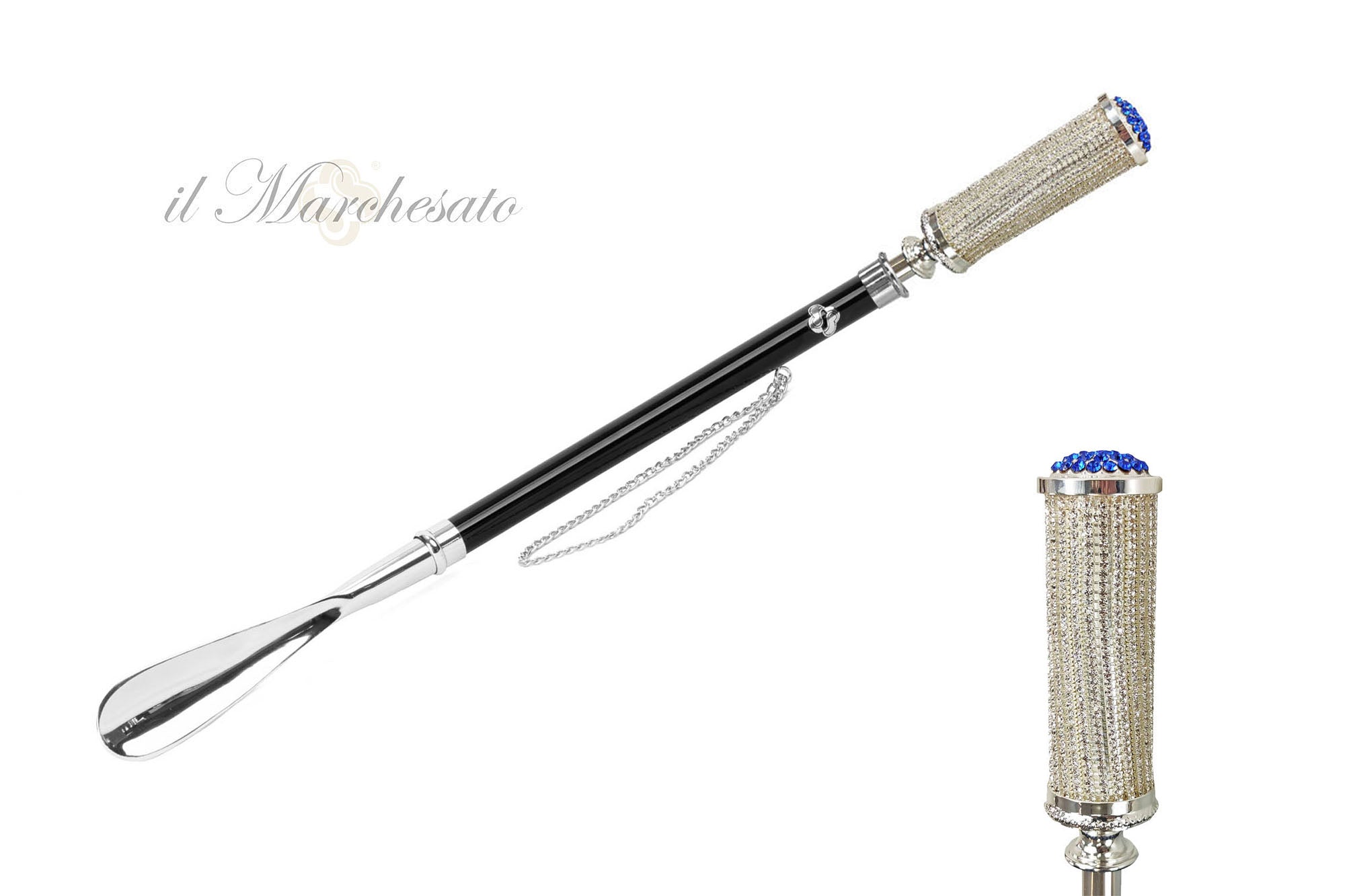Elegante calzador plateado con cristales brillantes