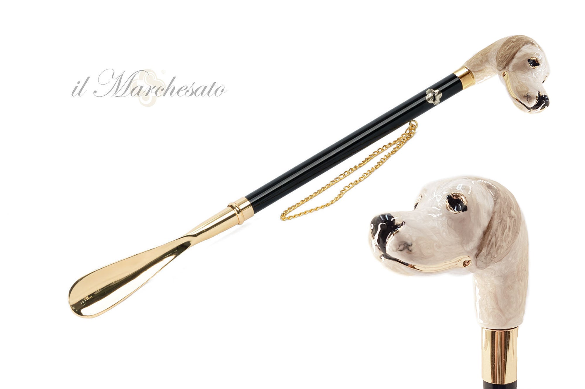 Artesanía canina elegante: Calzador con mango de perro bañado en oro de 24 quilates