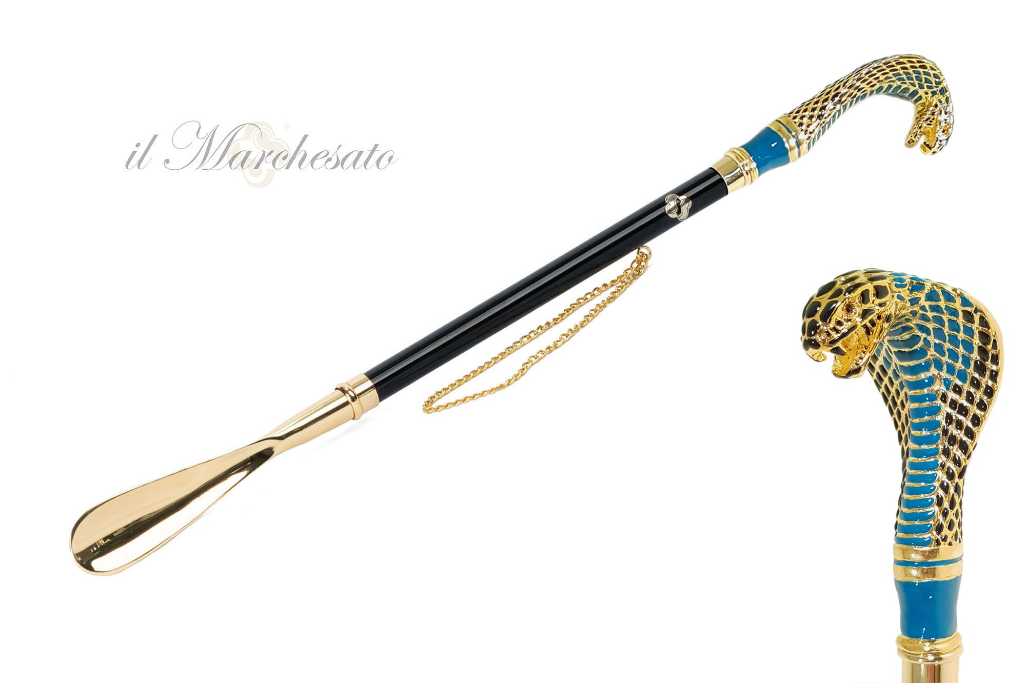 Artesanía Cobra: Calzador bañado en oro de 24 quilates con mango de cobra pintado a mano