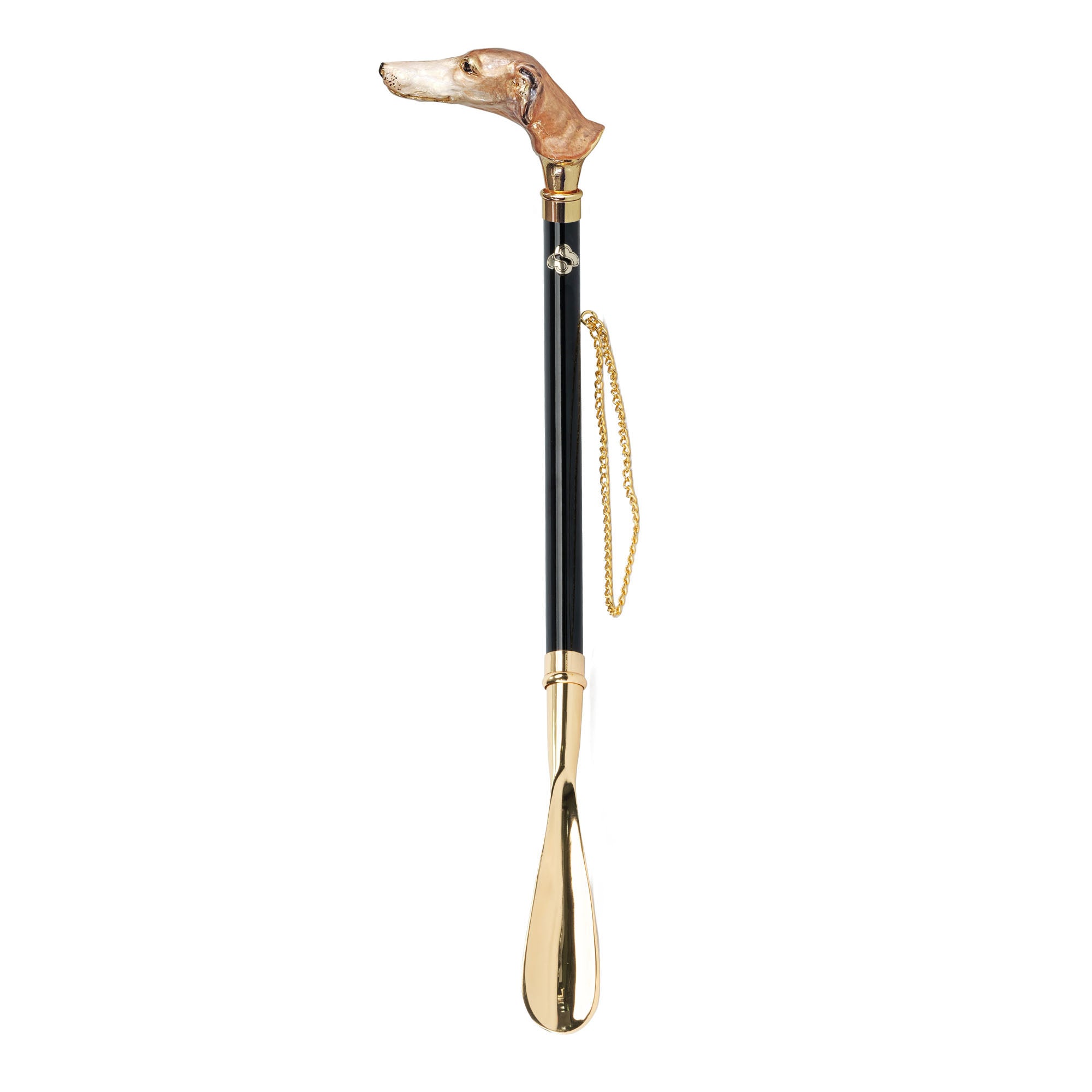 Lustrous Levriero: Calzador chapado en oro de 24 quilates con mango de galgo de cristal