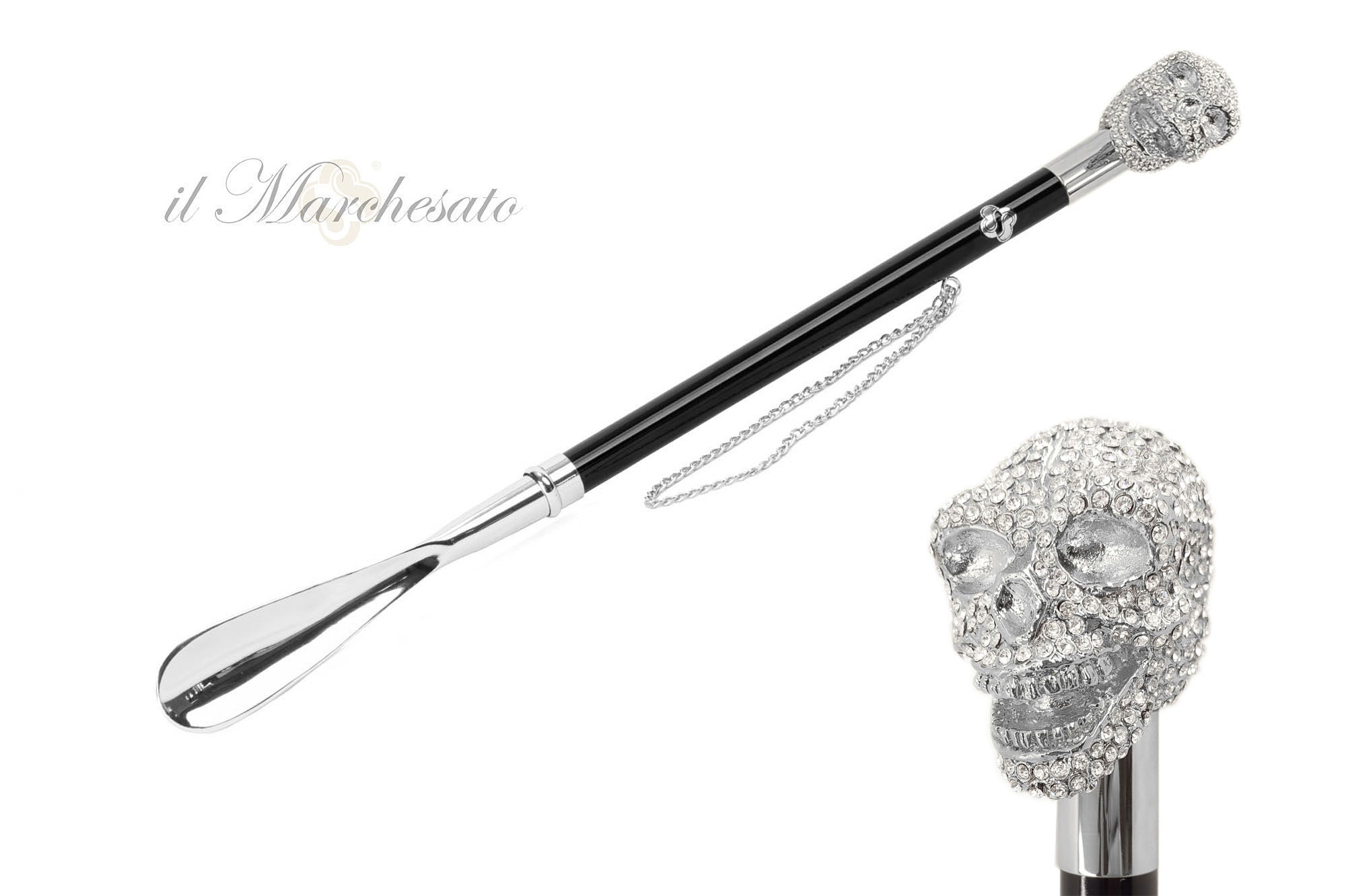 Calzador de lujo exclusivo chapado en plata con calavera y cristales