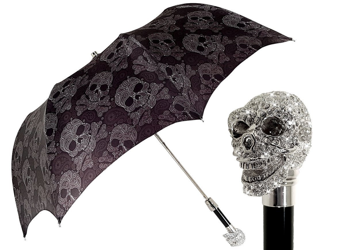 Lux Silver Swarovski Skull Folding Umbrella - il-marchesato