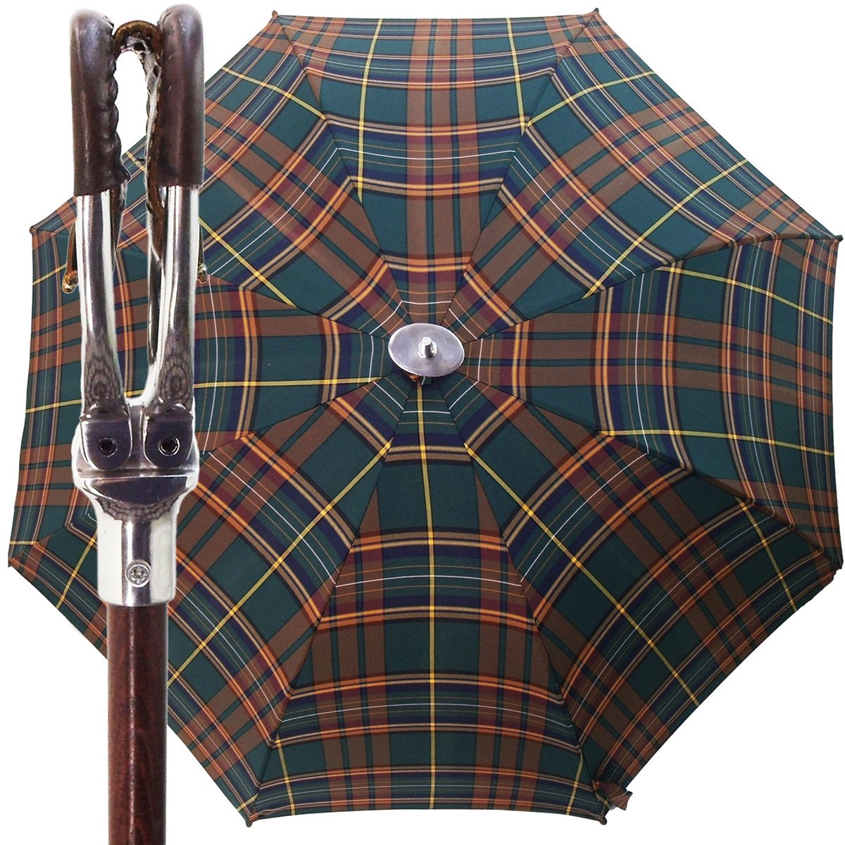 Handmade Leather Seat Umbrella- Green & Brown Tartan - il-marchesato