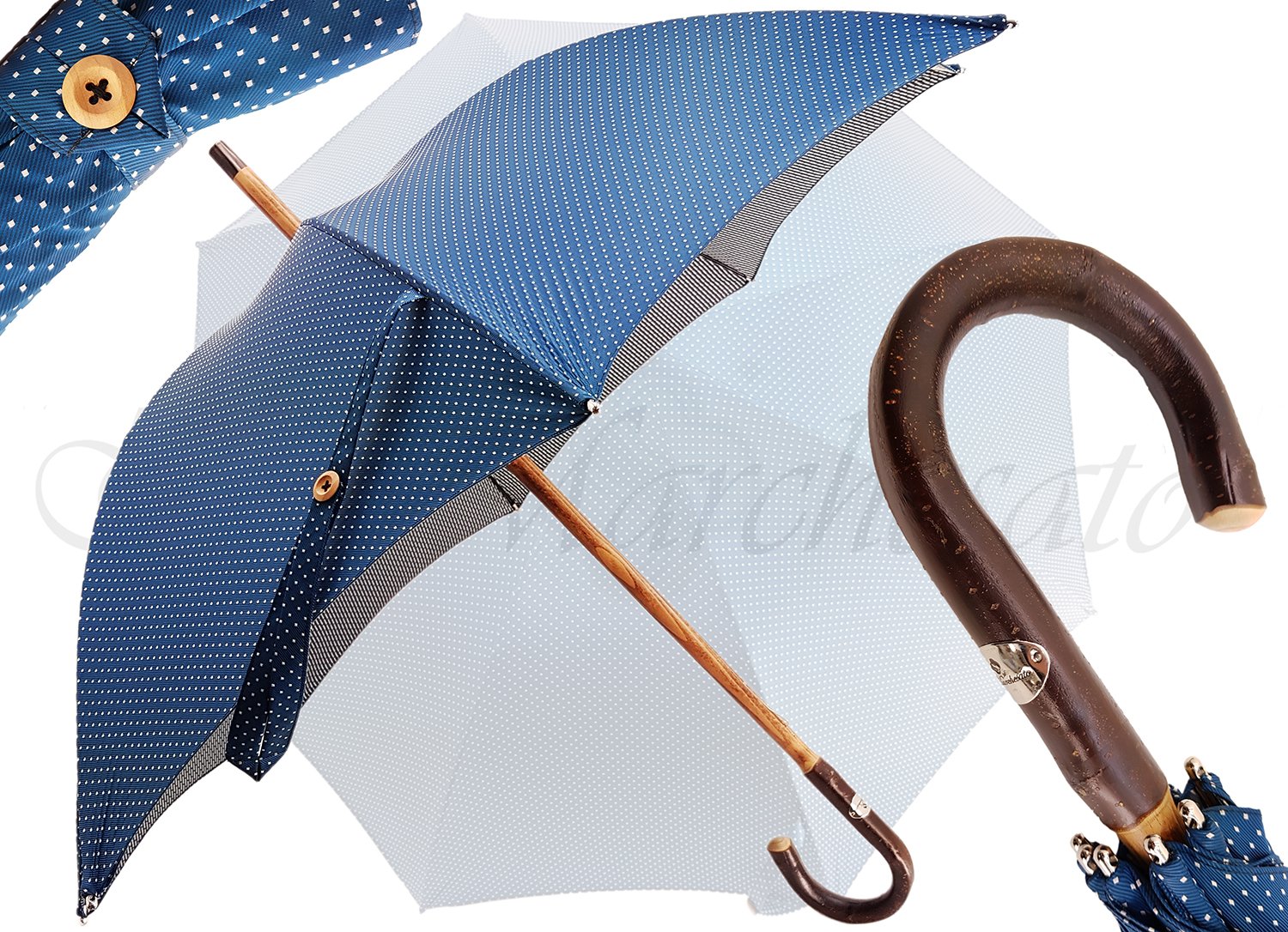 Handcrafted Petrol Blue Umbrella - Natural Chestnut Wood-Handle - il-marchesato
