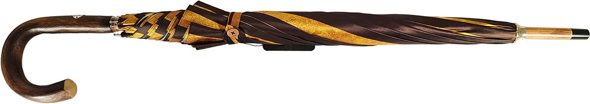 Handcrafted Umbrella - Striped Gold and Dark Brown  - Chestnut Wood-Handle - il-marchesato