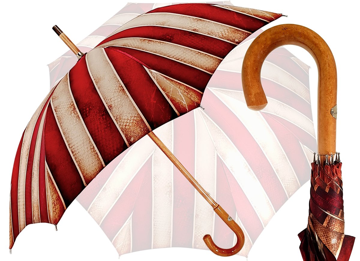 Handcrafted Umbrella - Striped Red And Cream - Shaded Colors - Malacca Wood-Handle - il-marchesato