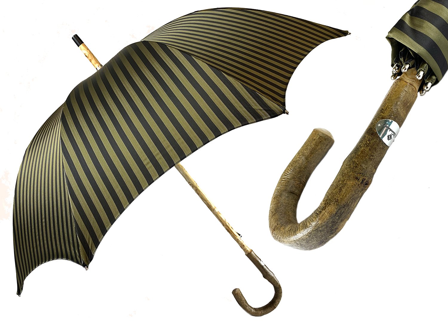 Handcrafted Dark Green striped Umbrella - Natural Ash Wood hand-curved - IL MARCHESATO LUXURY UMBRELLAS, CANES AND SHOEHORNS
