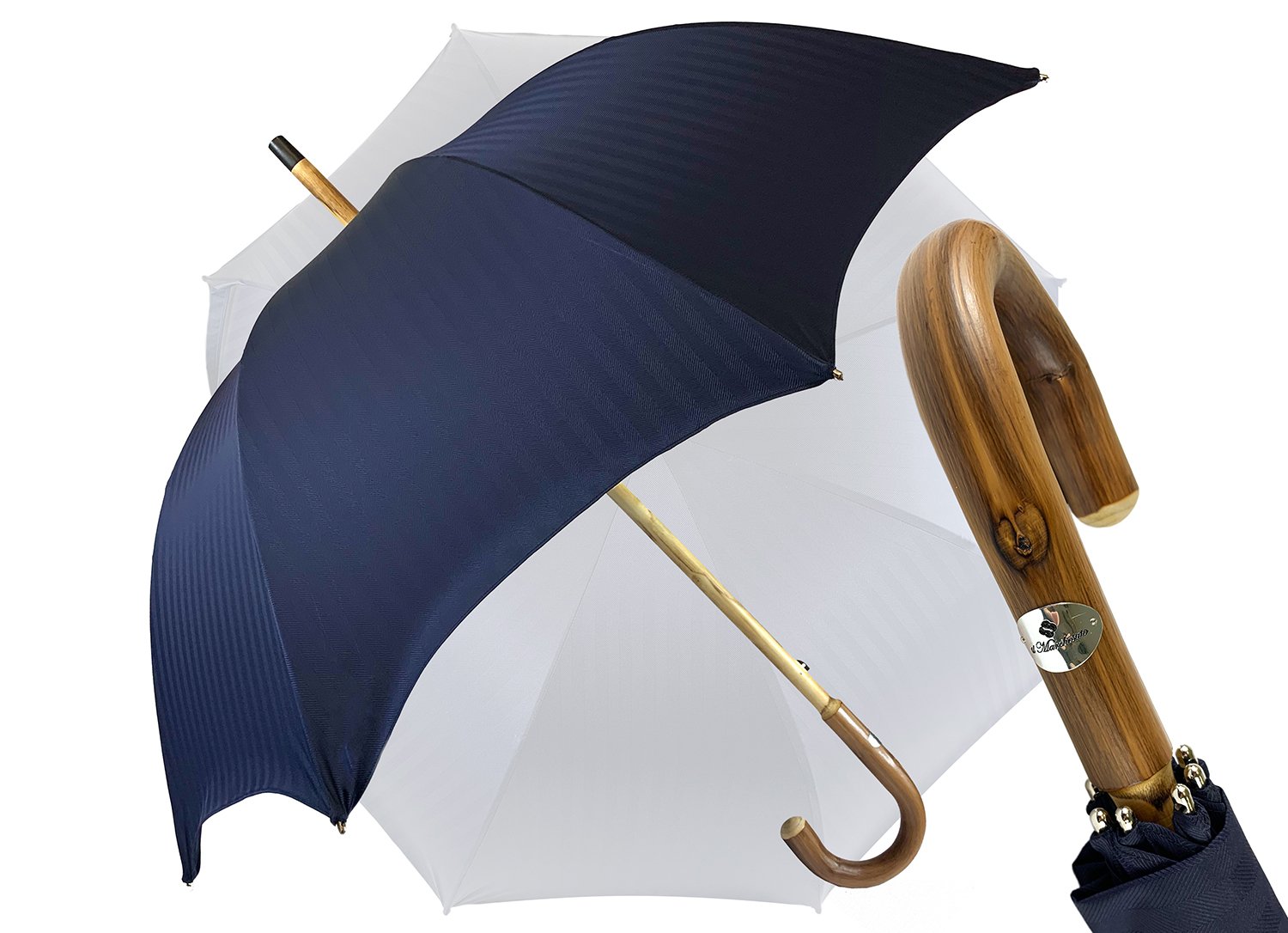 Blue Navy umbrella with Natural Chestnut Wood hand-curved - IL MARCHESATO LUXURY UMBRELLAS, CANES AND SHOEHORNS