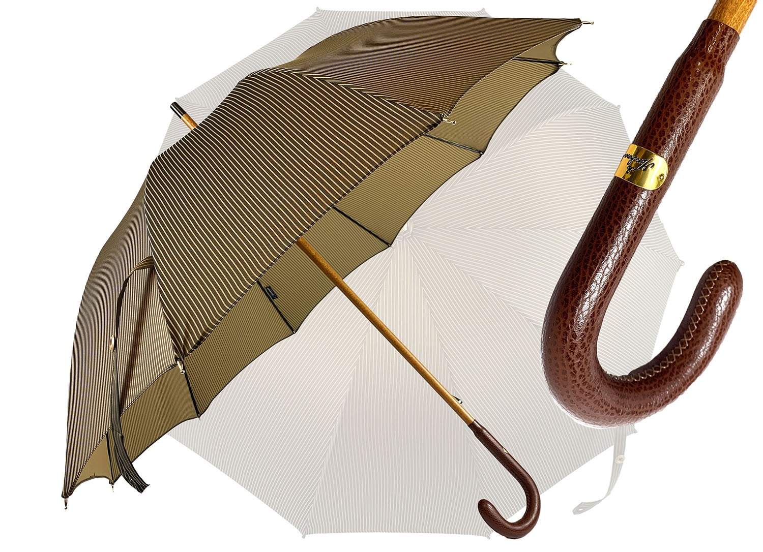 Classic Striped umbrella with Brown Leather handle - IL MARCHESATO LUXURY UMBRELLAS, CANES AND SHOEHORNS