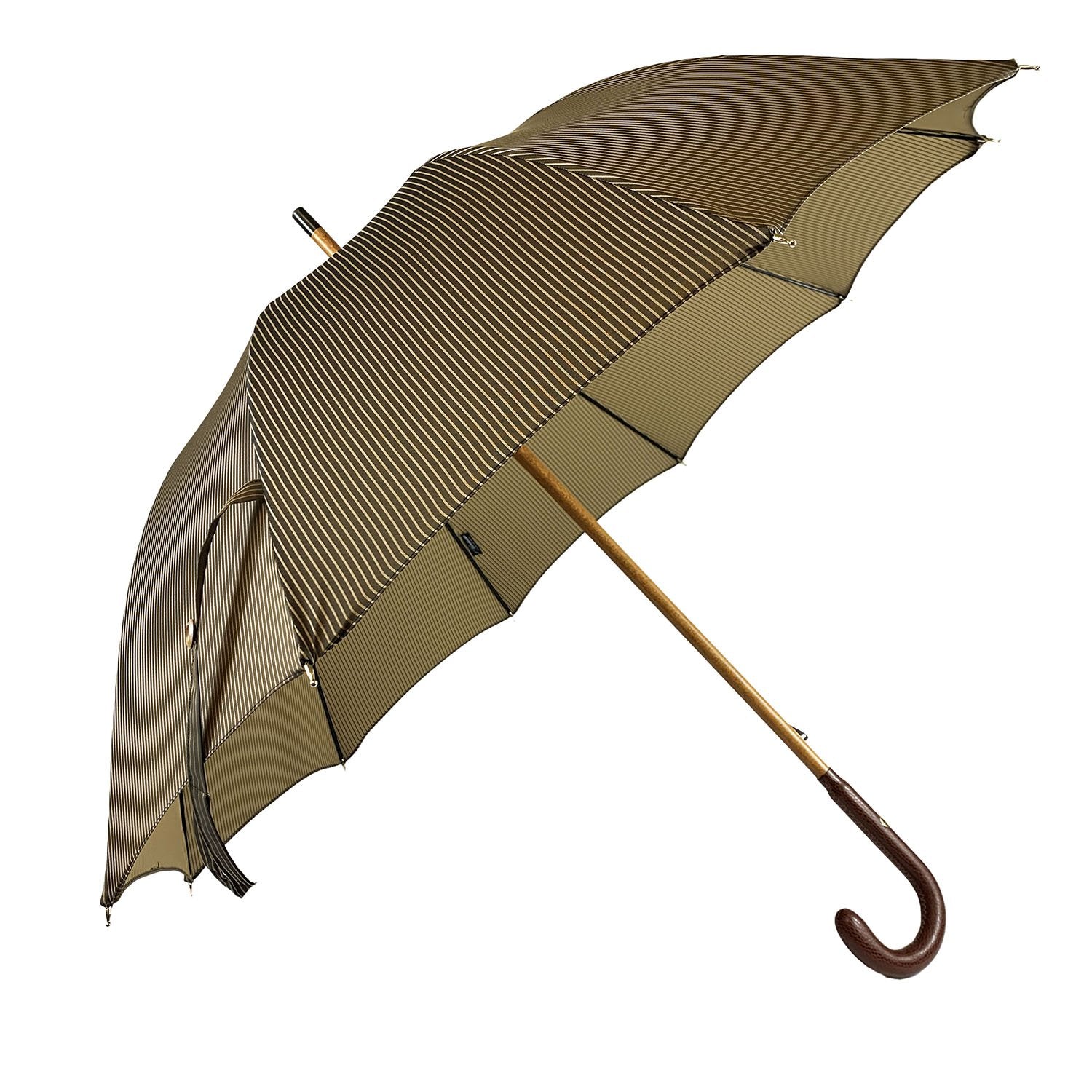 Classic Striped umbrella with Brown Leather handle - IL MARCHESATO LUXURY UMBRELLAS, CANES AND SHOEHORNS