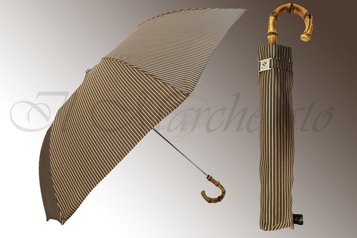 Beige & Cream Striped Men's Folding Umbrella - Whangee Bamboo Handle - il-marchesato