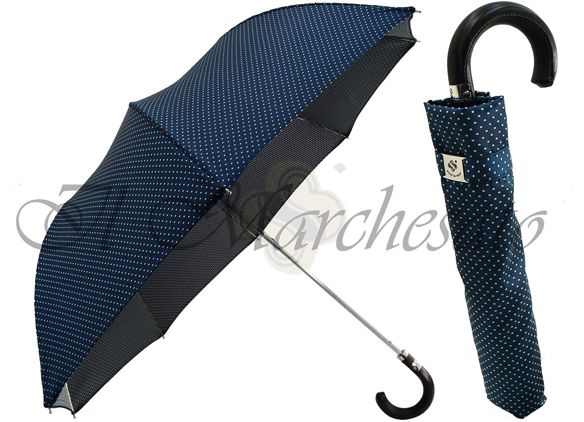 Polka Dot Men's Folding Umbrella - Black Leather Handle - il-marchesato