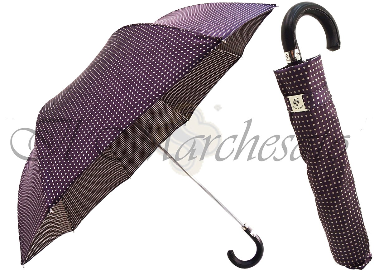 Polka Dot Men's Folding Umbrella - Black Leather Handle - il-marchesato