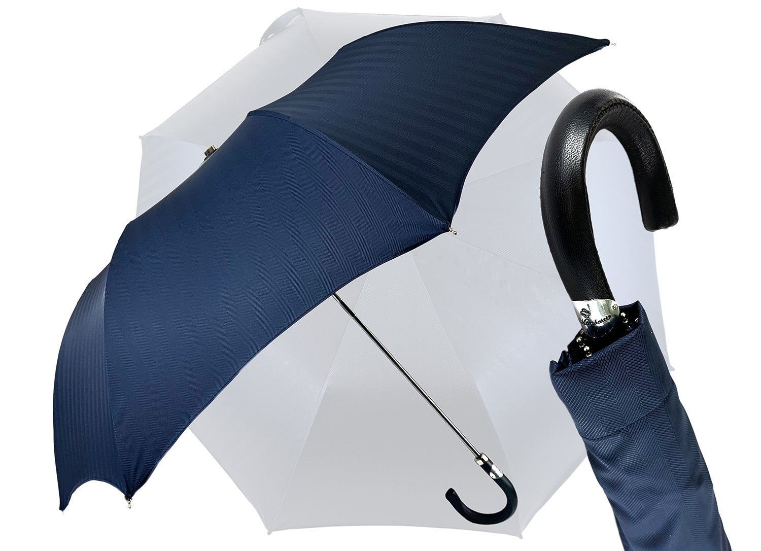 Blue Navy Jacquard Folding Umbrella - IL MARCHESATO LUXURY UMBRELLAS, CANES AND SHOEHORNS