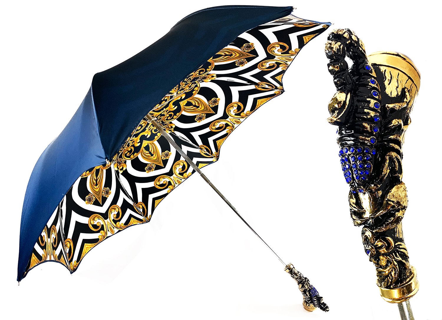 Exclusive handle with 24K golden scorpion and embellished with sapphire crystals - IL MARCHESATO LUXURY UMBRELLAS, CANES AND SHOEHORNS