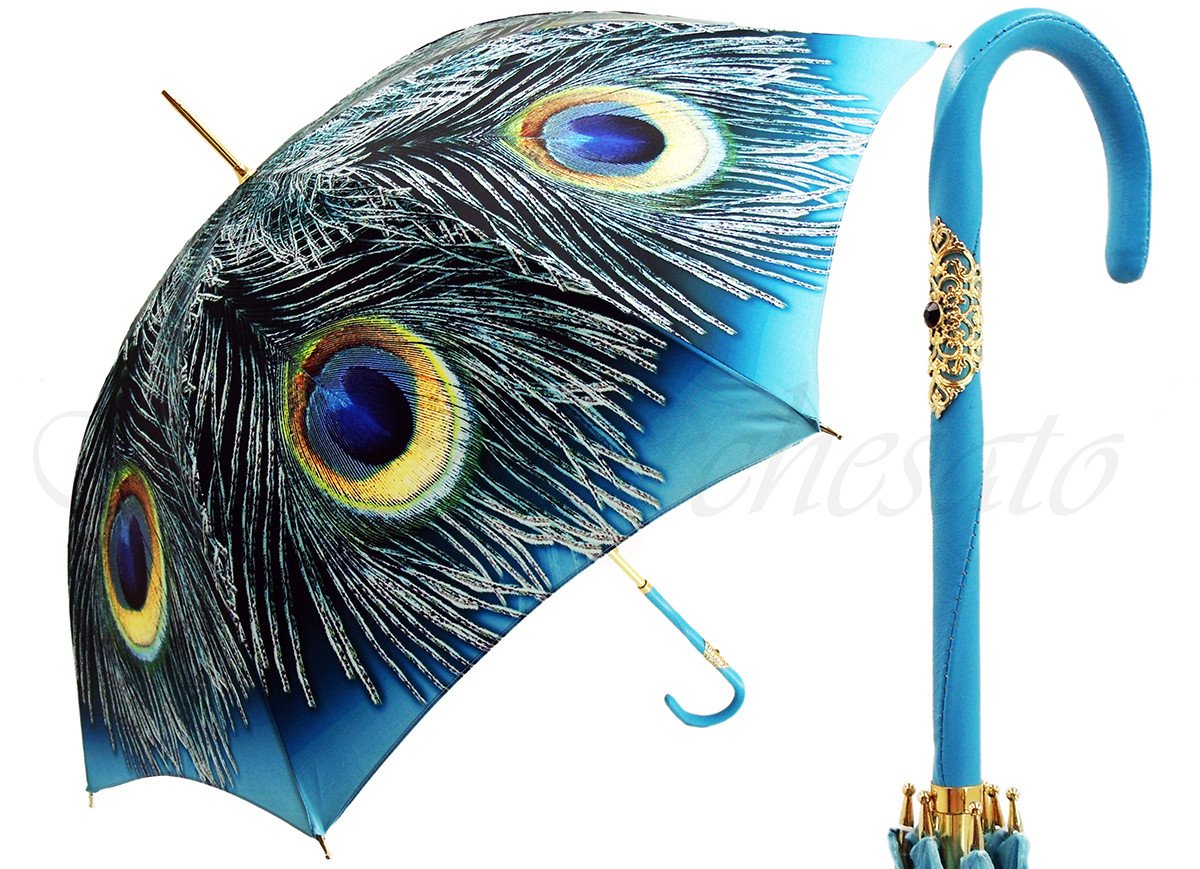 Handcrafted Luxury Peacock Umbrella in a Blue Sky Color - il-marchesato
