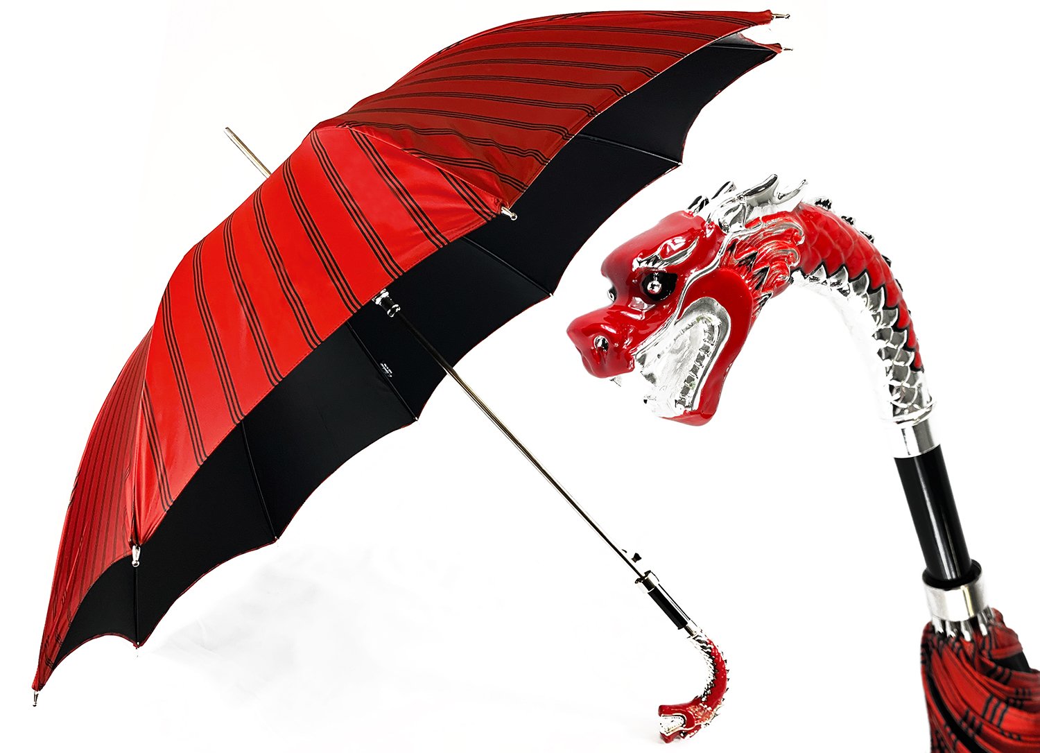 Wonderful umbrella with hand painted and silverplated 925 Dragon - IL MARCHESATO LUXURY UMBRELLAS, CANES AND SHOEHORNS