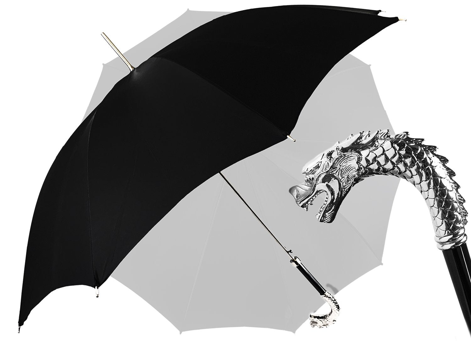 Fantastic Black umbrella for man with Silverplated Dragon - IL MARCHESATO LUXURY UMBRELLAS, CANES AND SHOEHORNS