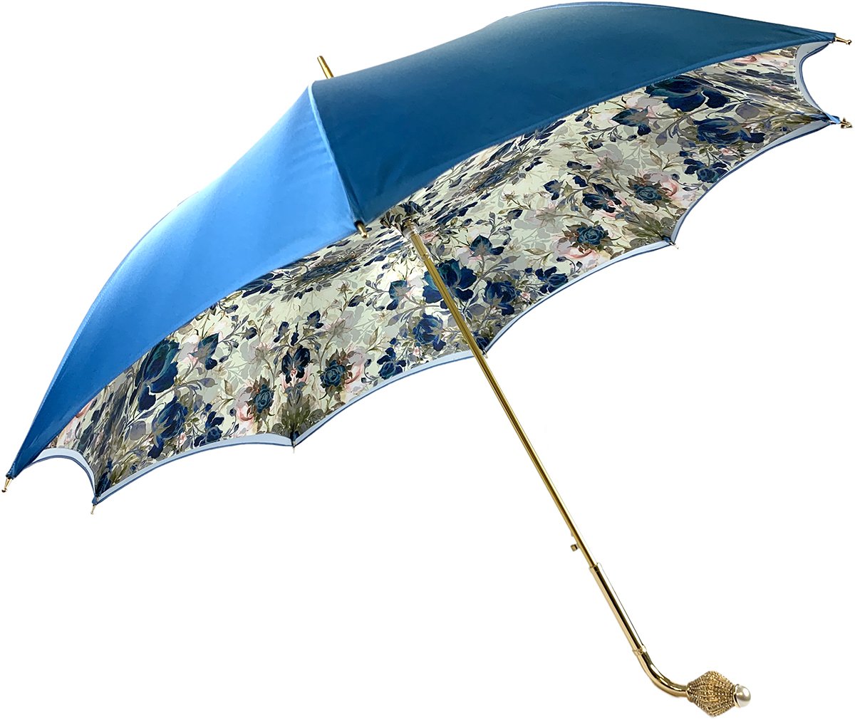 Light Blue Flowers Umbrella, Double Cloth - IL MARCHESATO LUXURY UMBRELLAS, CANES AND SHOEHORNS