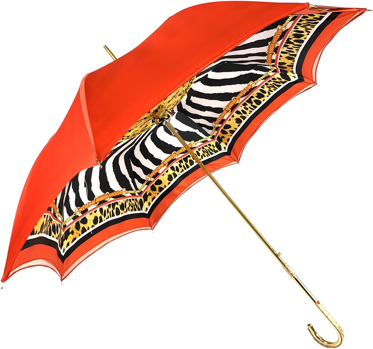Elegant Internally Leopard Print Umbrella, Double Cloth - IL MARCHESATO LUXURY UMBRELLAS, CANES AND SHOEHORNS