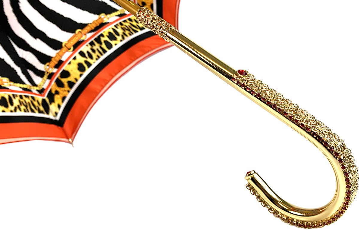 Elegant Internally Leopard Print Umbrella, Double Cloth - IL MARCHESATO LUXURY UMBRELLAS, CANES AND SHOEHORNS