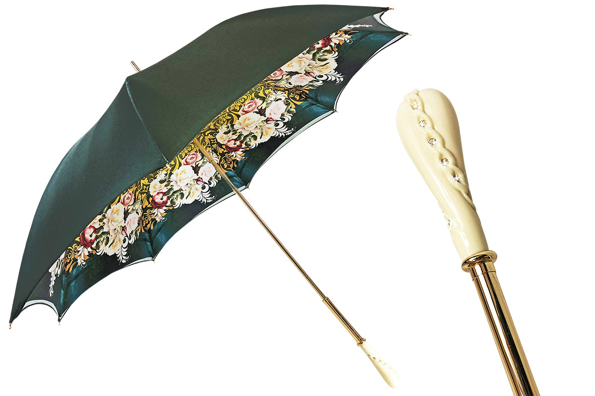 Dark green umbrella with roses and cream knob