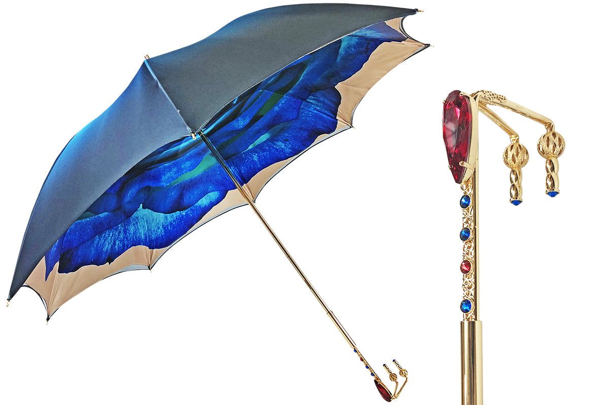 Bellissimo ombrello con impugnatura placcata in oro e cristallo grande rosso