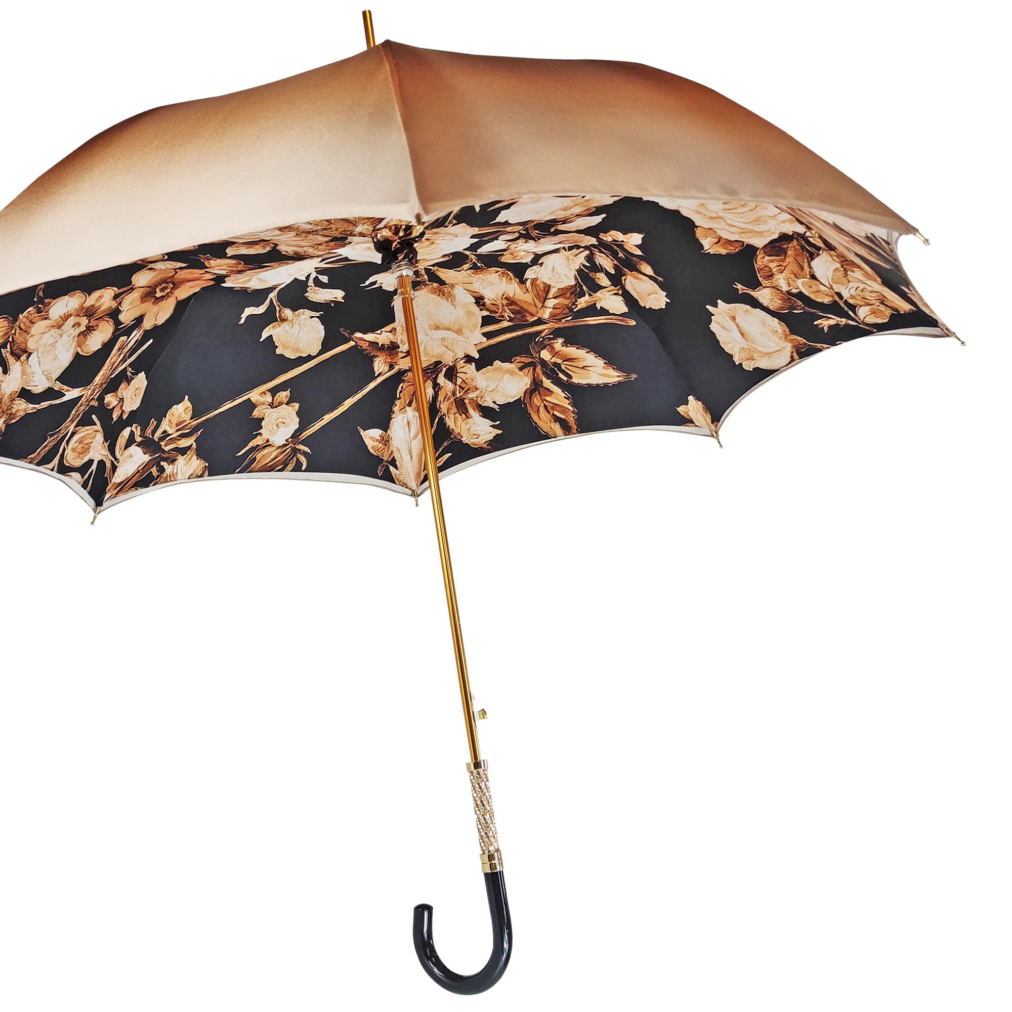 Elegant ladies umbrella with black and brown flowered design