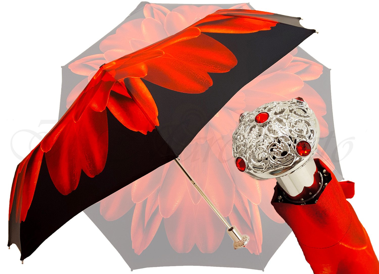 Red Flower Women's Folding Umbrella with Silver-Plated Handle - il-marchesato