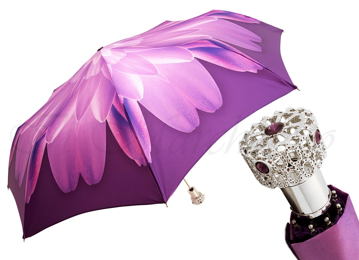Lilac Flower Ladies Folding Umbrella with Silver-Plated Handle - il-marchesato