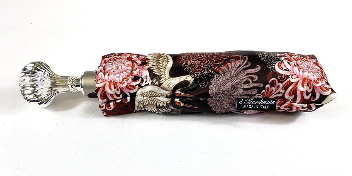Women's Folding Umbrella - Wonderful Heron Design - IL MARCHESATO LUXURY UMBRELLAS, CANES AND SHOEHORNS