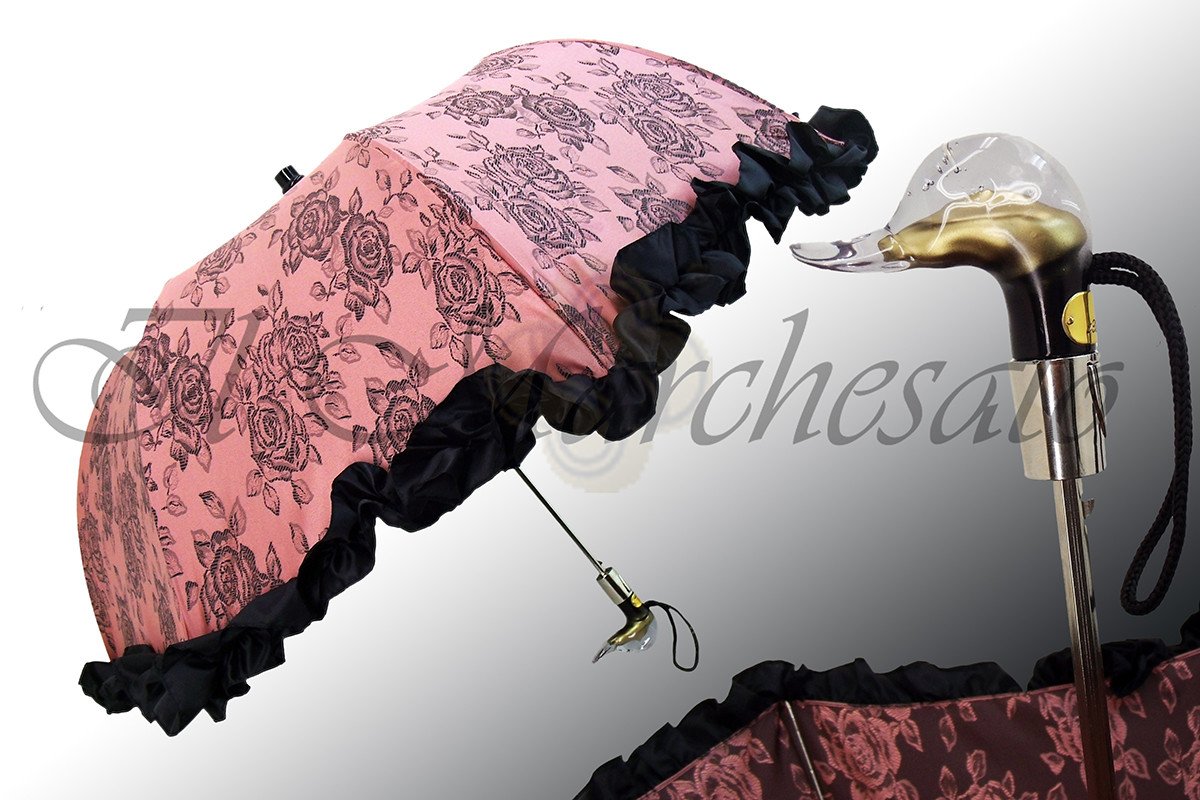 Folding Pink Umbrella with Black Ruffle - il-marchesato
