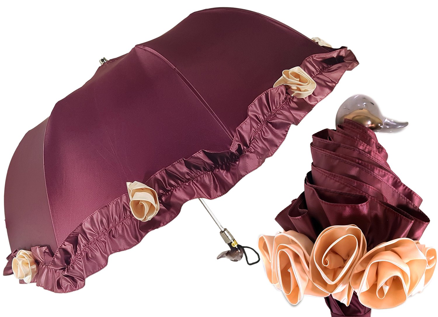 Amazing Frilly Burgundy Folding Umbrella Parasol - il-marchesato