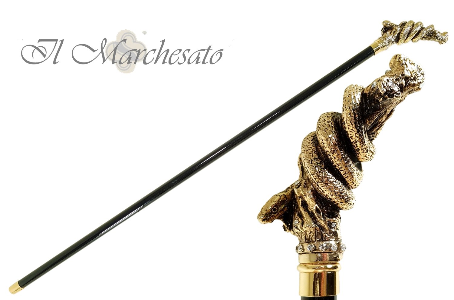 Fantastic Gold Plated Snake Embellished With Crystals - Walking Cane - il-marchesato