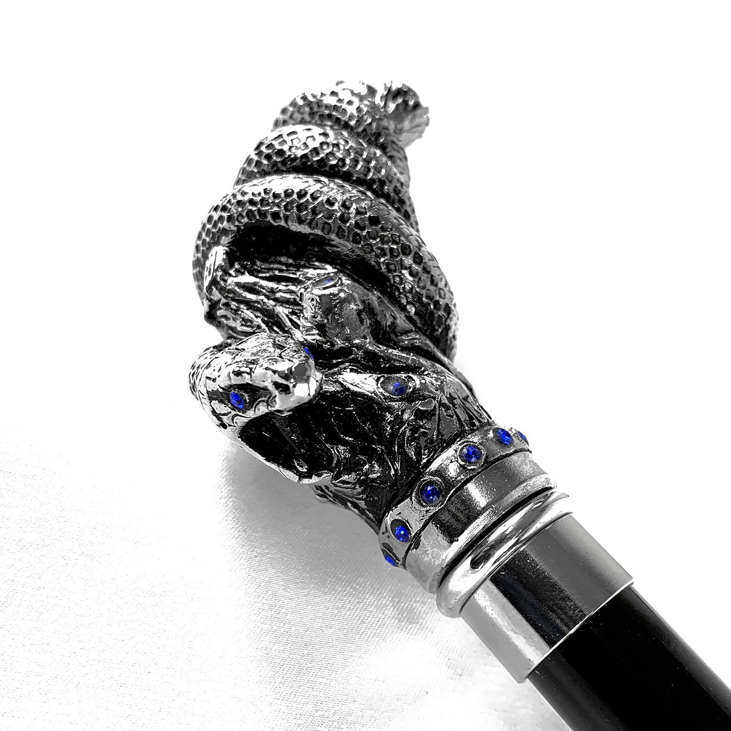 Fantastic silver-plated handle - Snake on branch and sapphire crystals - IL MARCHESATO LUXURY UMBRELLAS, CANES AND SHOEHORNS