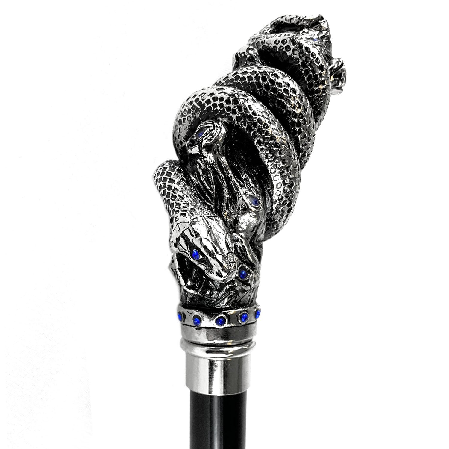 Fantastic silver-plated handle - Snake on branch and sapphire crystals - IL MARCHESATO LUXURY UMBRELLAS, CANES AND SHOEHORNS