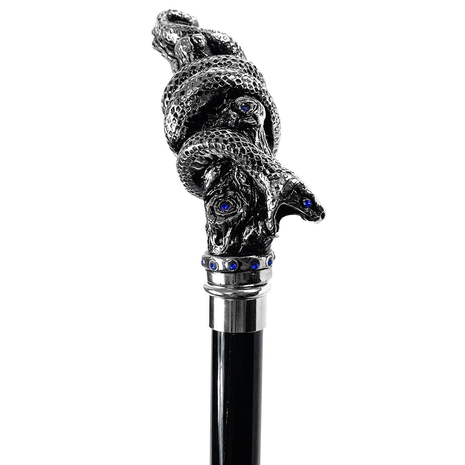 Fantastic silver-plated handle - Snake on branch and sapphire crystals - IL MARCHESATO LUXURY UMBRELLAS, CANES AND SHOEHORNS