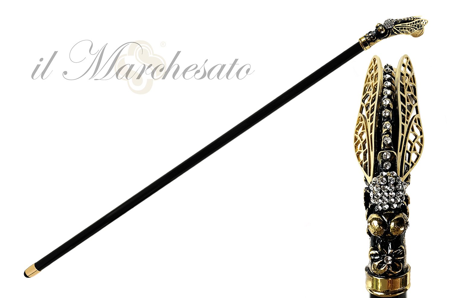 Luxury Dragonfly Goldplated with Crystals - IL MARCHESATO LUXURY UMBRELLAS, CANES AND SHOEHORNS