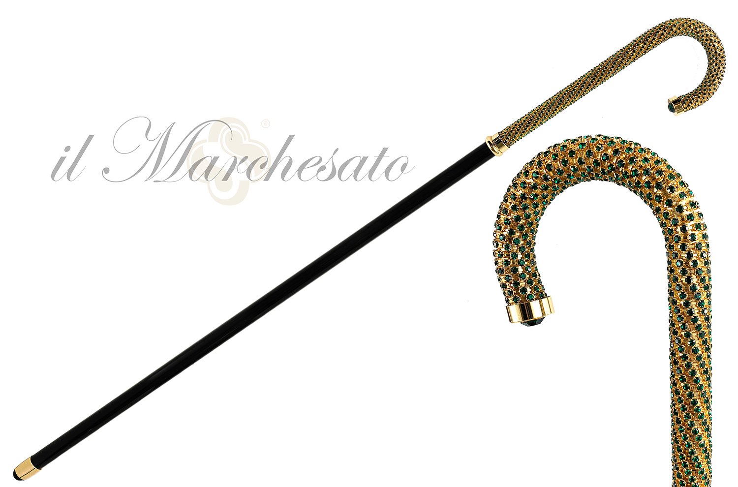 Luxury Walking stick Encrusted with hundreds Emerald Crystals - IL MARCHESATO LUXURY UMBRELLAS, CANES AND SHOEHORNS