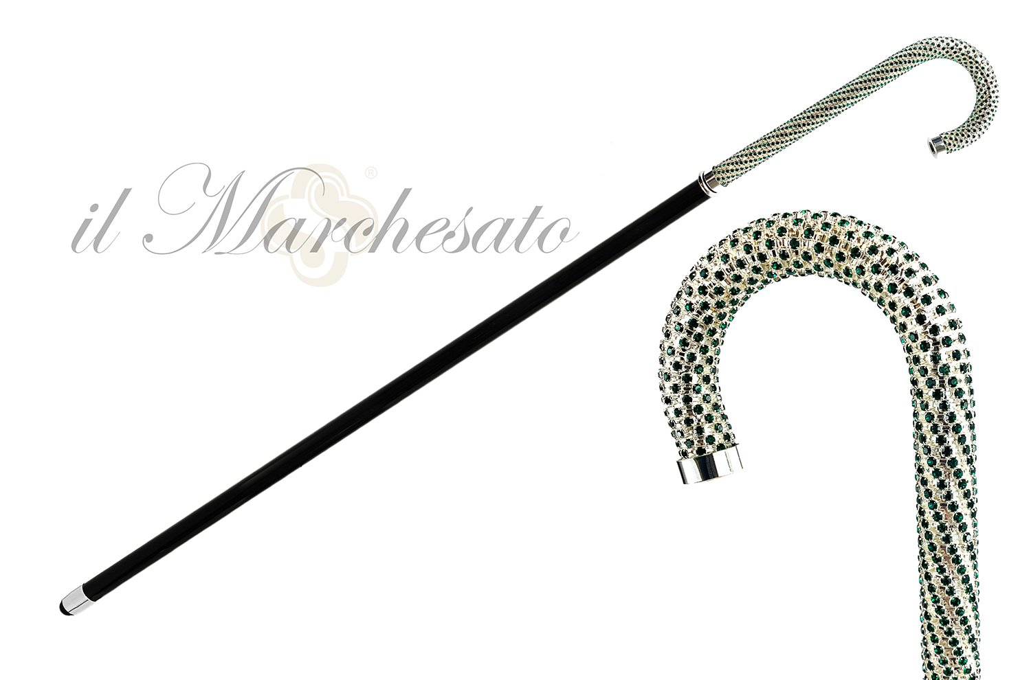 Luxury Walking stick Encrusted with hundreds Green Crystals - IL MARCHESATO LUXURY UMBRELLAS, CANES AND SHOEHORNS