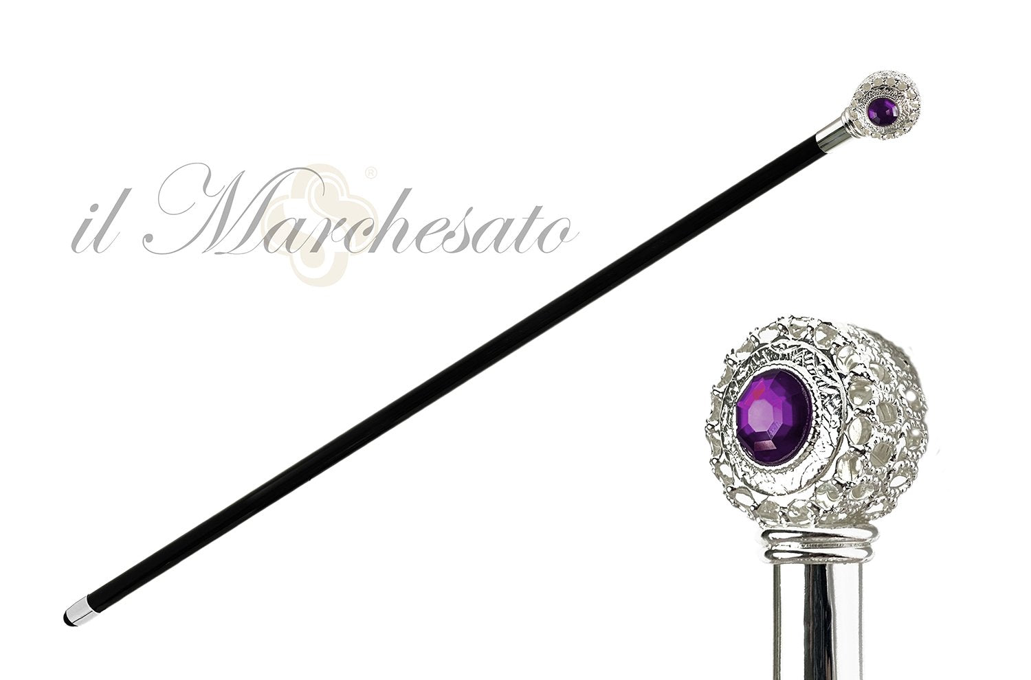 Luxury Evening Walking Stick Silver Plated Handle - IL MARCHESATO LUXURY UMBRELLAS, CANES AND SHOEHORNS