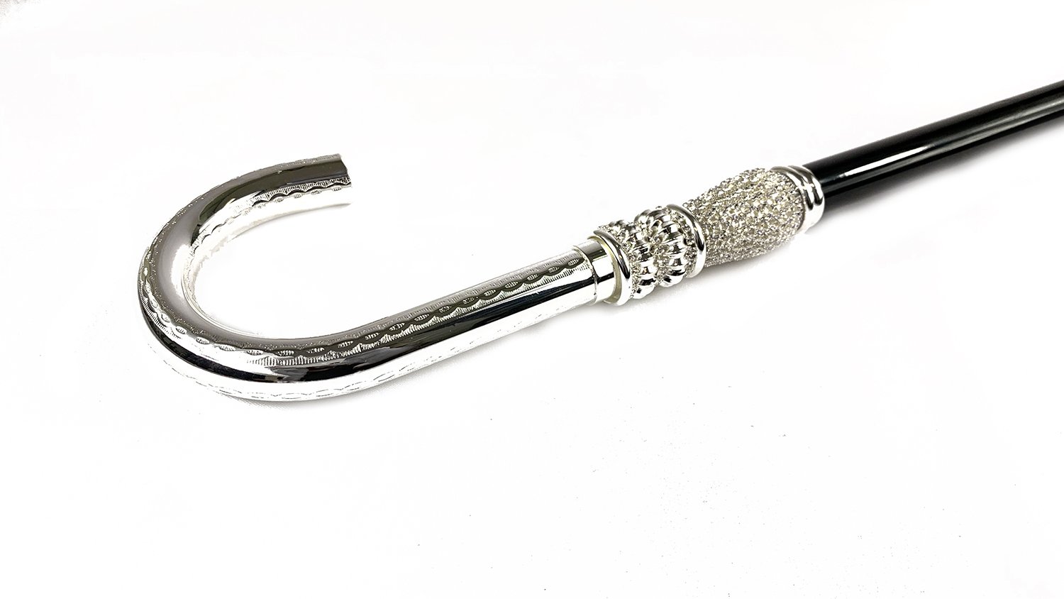 Curved Walking cane for Man in silver-plated brass and crystals